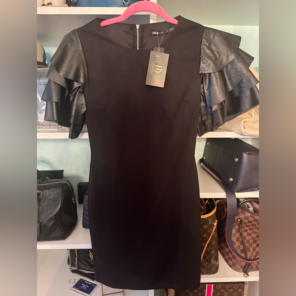 NWT Black faux leather ruffle sleeve dress